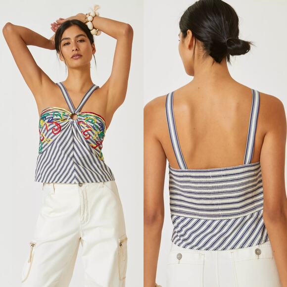New Anthropologie Avril Emroidered Striped Halter Top $110  MEDIUM  Blue - Picture 3 of 6